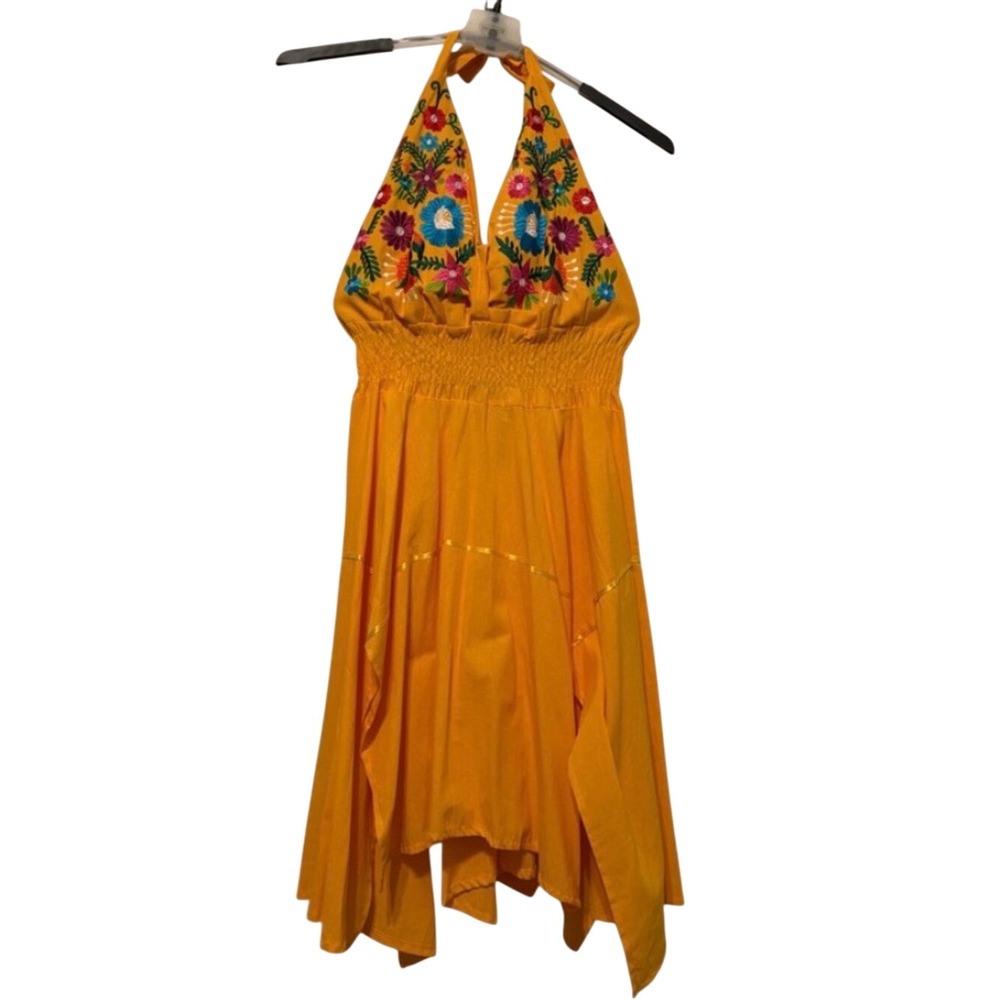 Embroidered Halter Midi Dress in Mustard Yellow